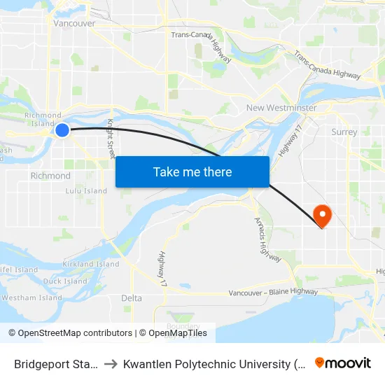 Bridgeport Station to Kwantlen Polytechnic University (Surrey) map