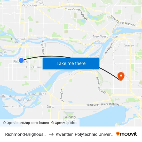 Richmond-Brighouse Station to Kwantlen Polytechnic University (Surrey) map
