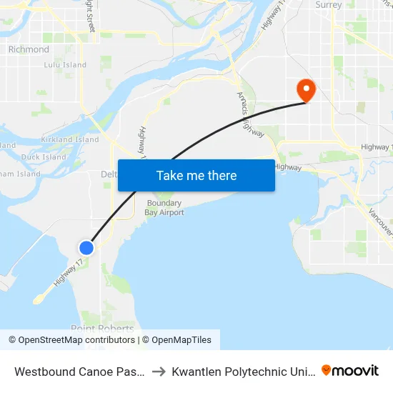 Westbound Canoe Pass Way @ 52 St to Kwantlen Polytechnic University (Surrey) map