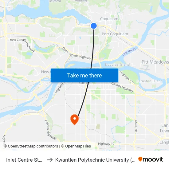 Inlet Centre Station to Kwantlen Polytechnic University (Surrey) map