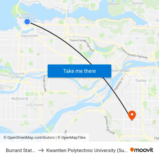 Burrard Station to Kwantlen Polytechnic University (Surrey) map