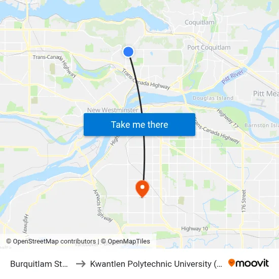 Burquitlam Station to Kwantlen Polytechnic University (Surrey) map