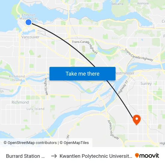 Burrard Station @ Bay 6 to Kwantlen Polytechnic University (Surrey) map