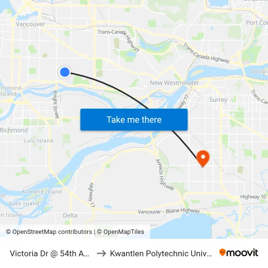 Victoria Dr @ 54th Avenue Loop to Kwantlen Polytechnic University (Surrey) map