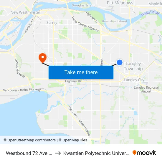 Westbound 72 Ave @ 192 St to Kwantlen Polytechnic University (Surrey) map
