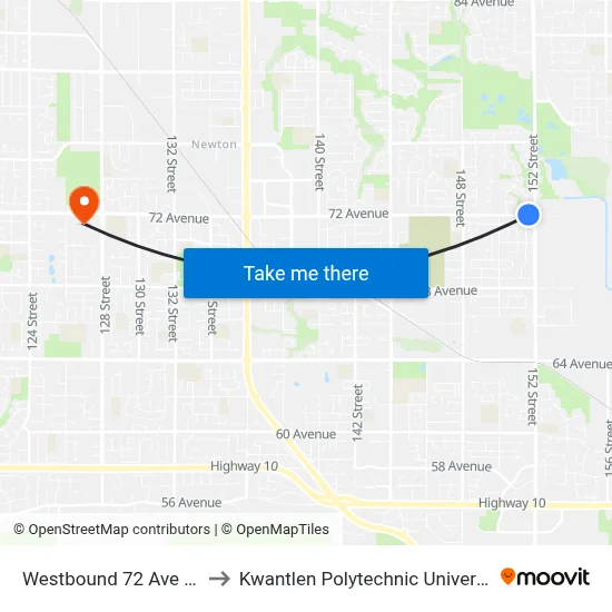 Westbound 72 Ave @ 152 St to Kwantlen Polytechnic University (Surrey) map
