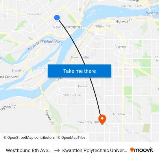 Westbound 8th Ave @ 6th St to Kwantlen Polytechnic University (Surrey) map