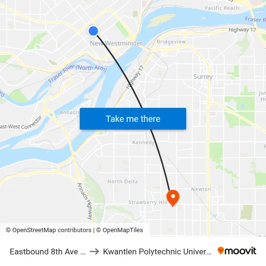 Eastbound 8th Ave @ 8th St to Kwantlen Polytechnic University (Surrey) map