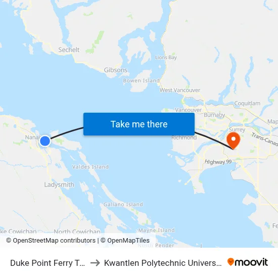 Duke Point Ferry Terminal to Kwantlen Polytechnic University (Surrey) map
