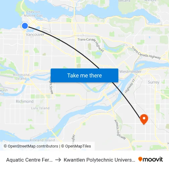 Aquatic Centre Ferry Dock to Kwantlen Polytechnic University (Surrey) map