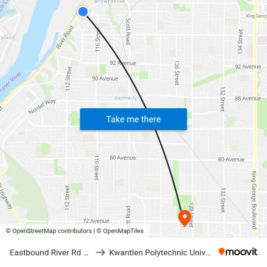Eastbound River Rd @ Millar Rd to Kwantlen Polytechnic University (Surrey) map