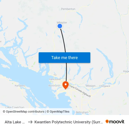Alta Lake Rd to Kwantlen Polytechnic University (Surrey) map