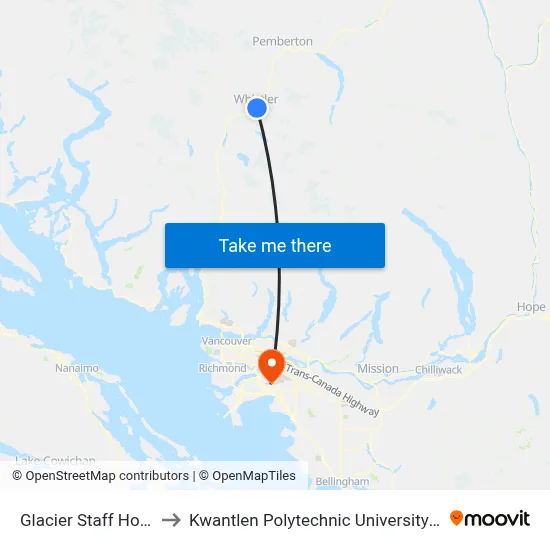 Glacier Staff Housing to Kwantlen Polytechnic University (Surrey) map