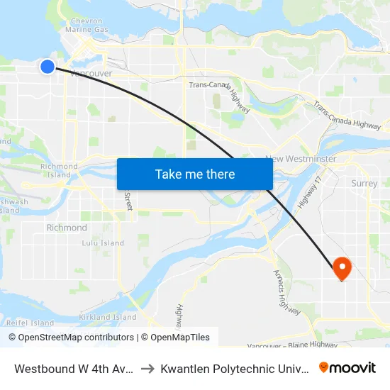 Westbound W 4th Ave @ Yew St to Kwantlen Polytechnic University (Surrey) map