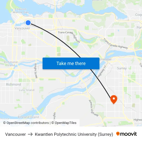 Vancouver to Kwantlen Polytechnic University (Surrey) map