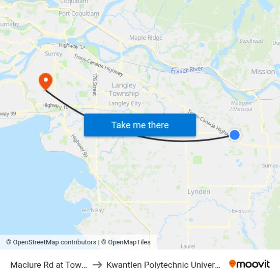 Maclure Rd at Townline Rd to Kwantlen Polytechnic University (Surrey) map