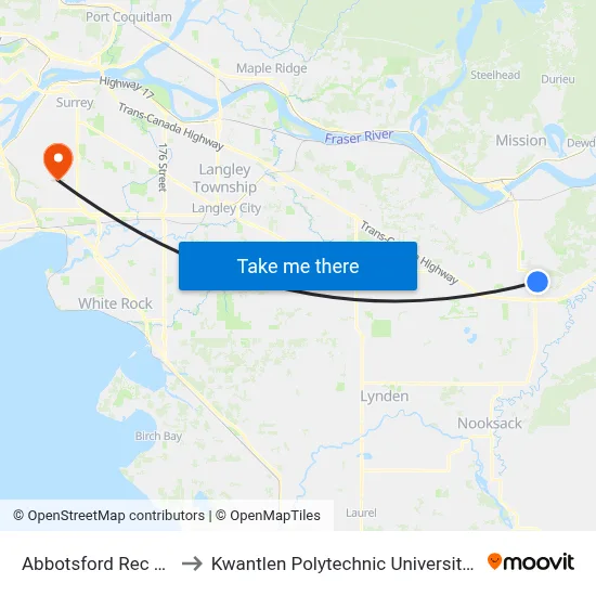 Abbotsford Rec Centre to Kwantlen Polytechnic University (Surrey) map