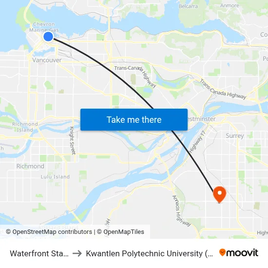 Waterfront Station to Kwantlen Polytechnic University (Surrey) map