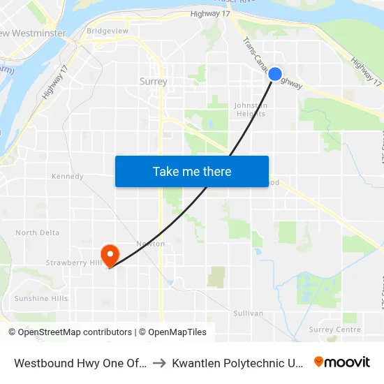 Westbound Hwy One Offramp @ 156 St to Kwantlen Polytechnic University (Surrey) map