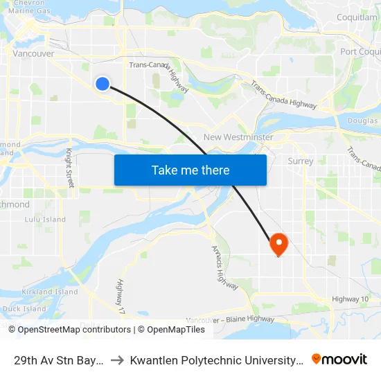 29th Av Stn Bay 1,2,3 to Kwantlen Polytechnic University (Surrey) map