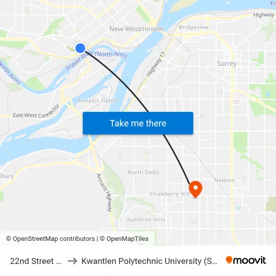 22nd Street Stn to Kwantlen Polytechnic University (Surrey) map