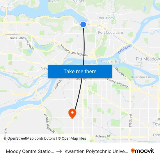 Moody Centre Station @ Bay 1 to Kwantlen Polytechnic University (Surrey) map
