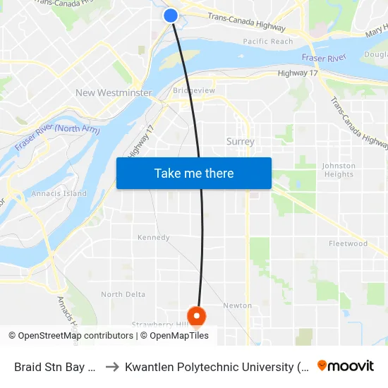 Braid Stn Bay 1,2,3 to Kwantlen Polytechnic University (Surrey) map