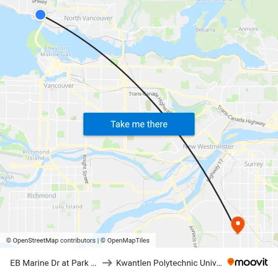 EB Marine Dr at Park Royal South to Kwantlen Polytechnic University (Surrey) map