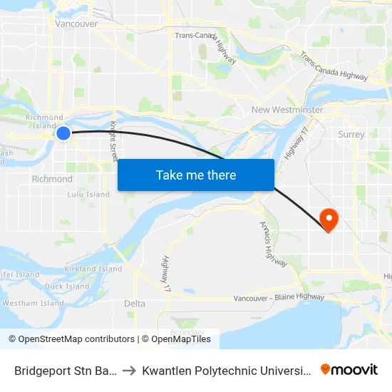 Bridgeport Stn Bay 3,4,5 to Kwantlen Polytechnic University (Surrey) map