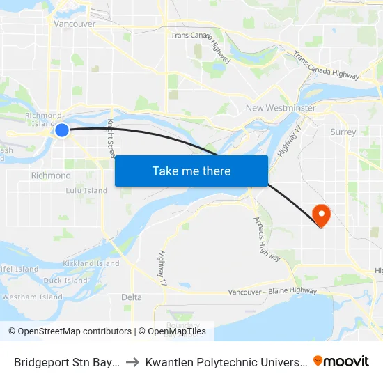 Bridgeport Stn Bay 9,10,11 to Kwantlen Polytechnic University (Surrey) map