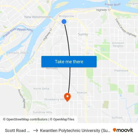 Scott Road Stn to Kwantlen Polytechnic University (Surrey) map