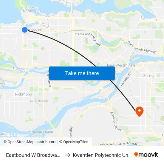 Eastbound W Broadway @ Hemlock St to Kwantlen Polytechnic University (Surrey) map