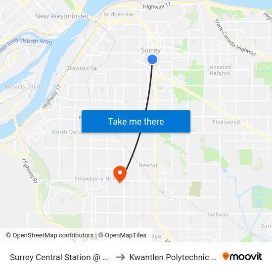 Surrey Central Station @ Bay 1 Unloading Only to Kwantlen Polytechnic University (Surrey) map