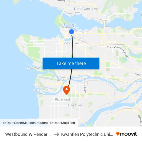 Westbound W Pender St @ Seymour St to Kwantlen Polytechnic University (Richmond) map