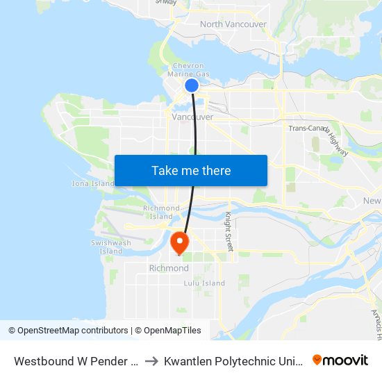 Westbound W Pender St @ Granville St to Kwantlen Polytechnic University (Richmond) map