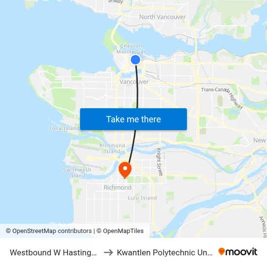 Westbound W Hastings St @ Richards St to Kwantlen Polytechnic University (Richmond) map