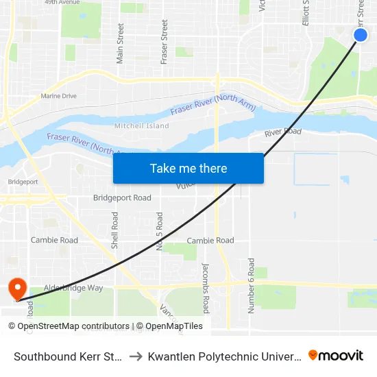 Southbound Kerr St @ E 56 Ave to Kwantlen Polytechnic University (Richmond) map
