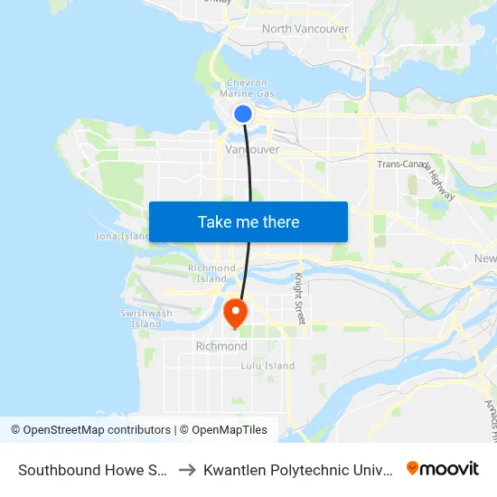 Southbound Howe St @ Robson St to Kwantlen Polytechnic University (Richmond) map