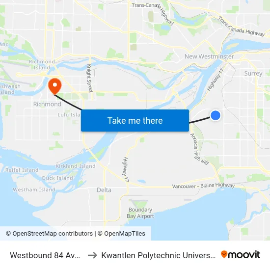 Westbound 84 Ave @ 116 St to Kwantlen Polytechnic University (Richmond) map
