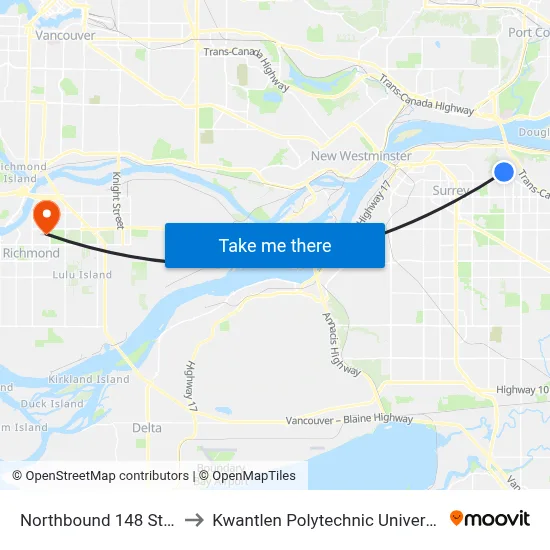 Northbound 148 St @ 110 Ave to Kwantlen Polytechnic University (Richmond) map