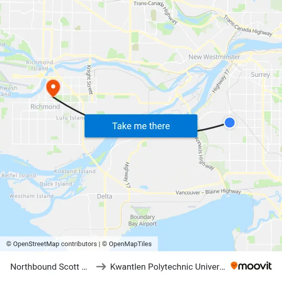 Northbound Scott Rd @ 82 Ave to Kwantlen Polytechnic University (Richmond) map