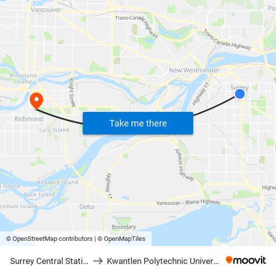 Surrey Central Station @ Bay 2 to Kwantlen Polytechnic University (Richmond) map