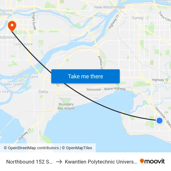 Northbound 152 St @ 24 Ave to Kwantlen Polytechnic University (Richmond) map