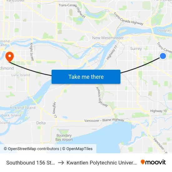Southbound 156 St @ 100 Ave to Kwantlen Polytechnic University (Richmond) map