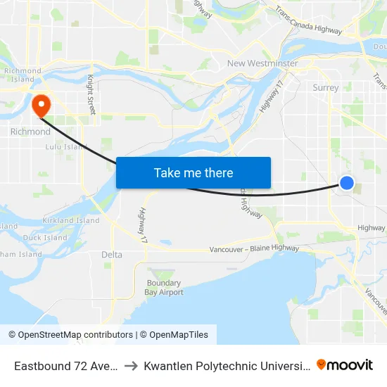 Eastbound 72 Ave @ 142 St to Kwantlen Polytechnic University (Richmond) map