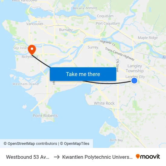 Westbound 53 Ave @ 203 St to Kwantlen Polytechnic University (Richmond) map