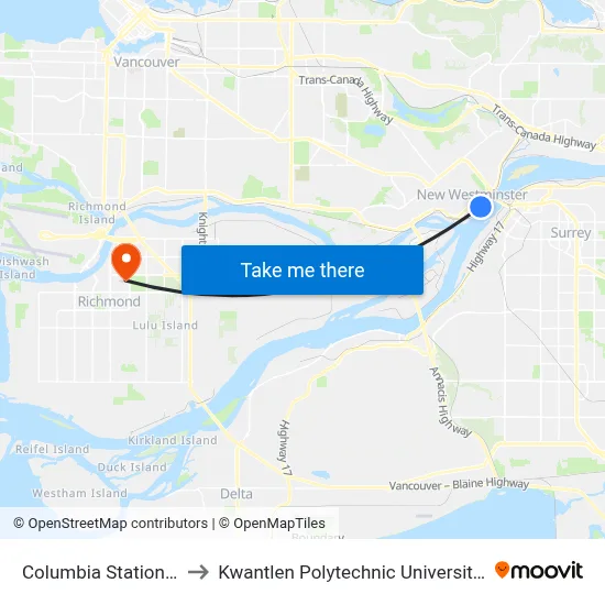 Columbia Station @ Bay 3 to Kwantlen Polytechnic University (Richmond) map