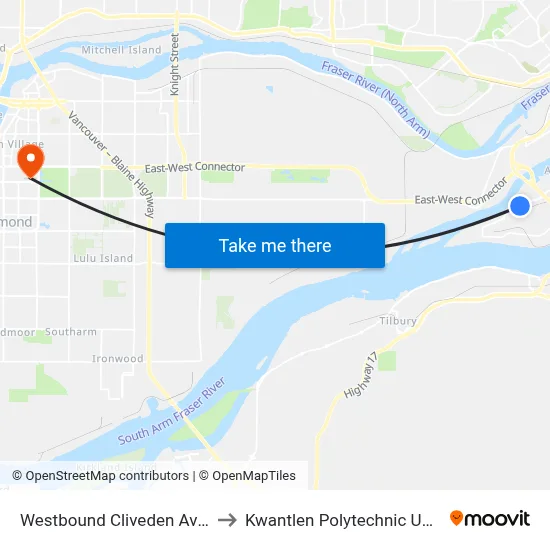 Westbound Cliveden Ave @ Carleton Court to Kwantlen Polytechnic University (Richmond) map