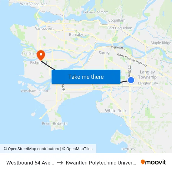 Westbound 64 Ave @ 177b St to Kwantlen Polytechnic University (Richmond) map