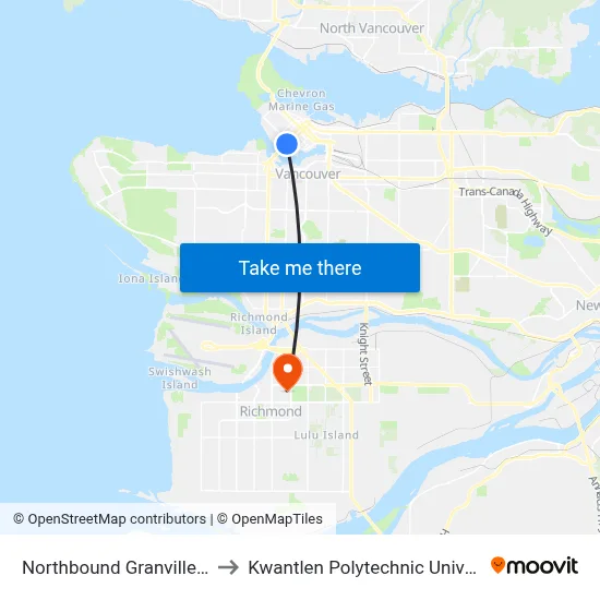 Northbound Granville St @ Drake St to Kwantlen Polytechnic University (Richmond) map